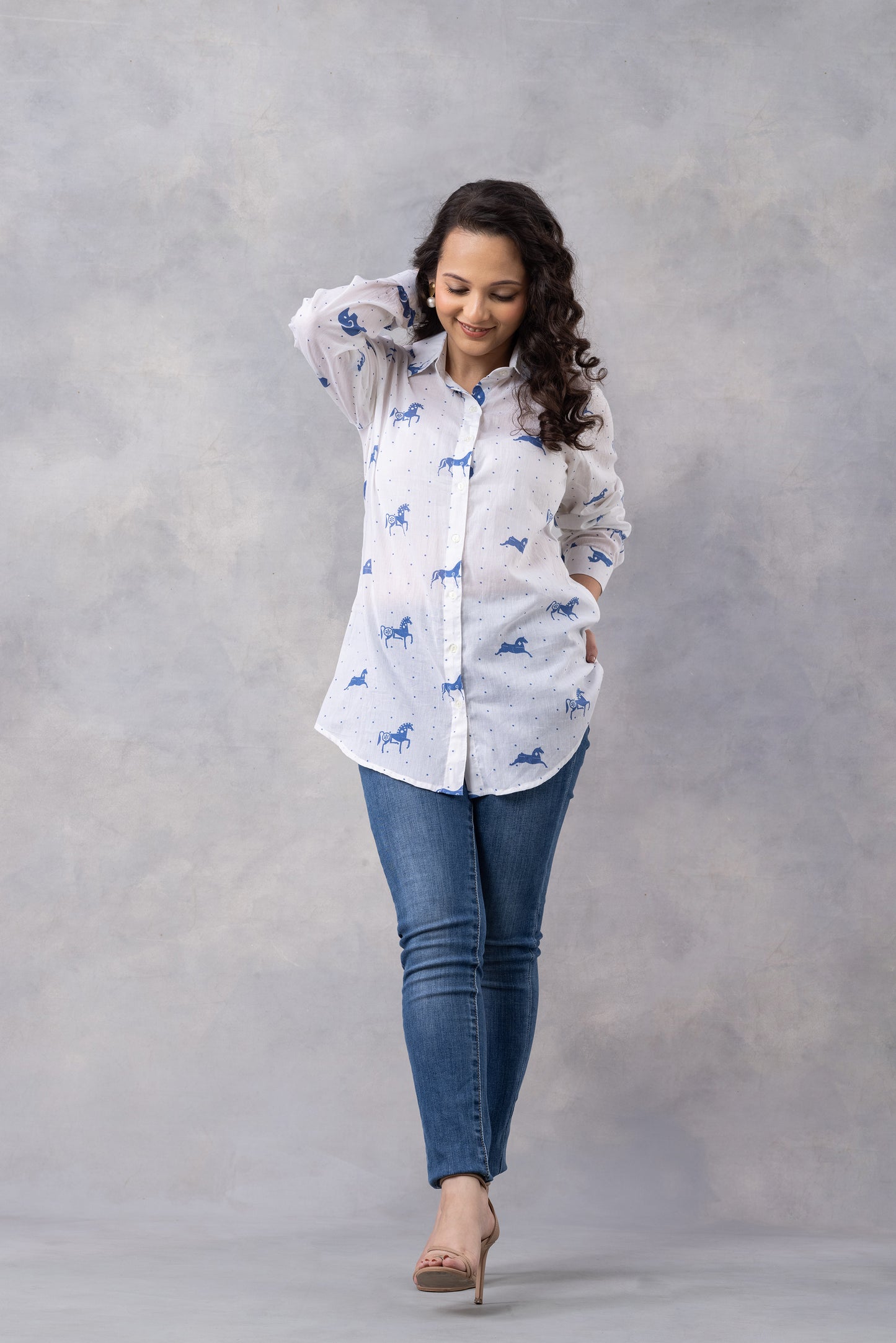 Indigo Horse Print Cotton Mul Shirt