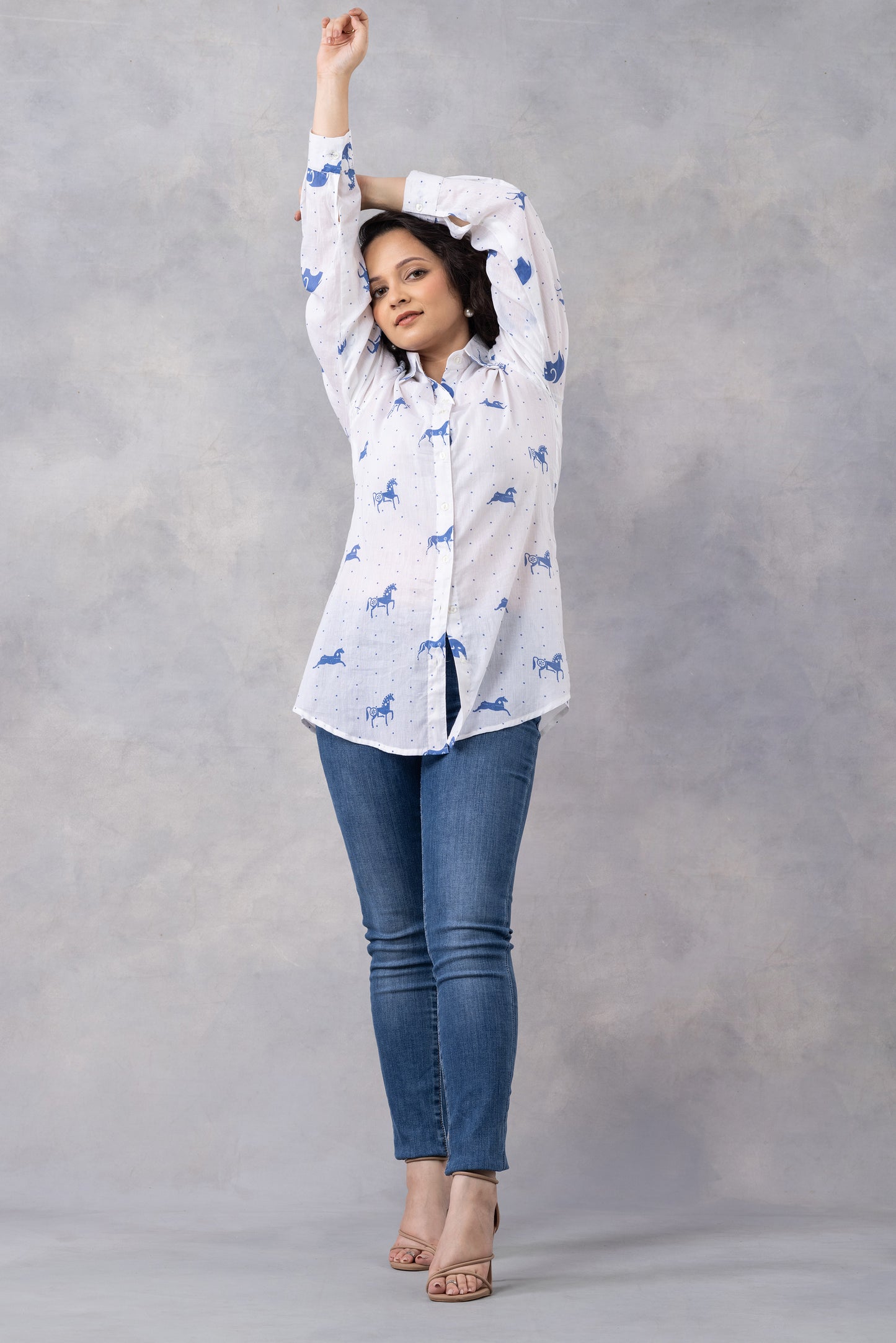 Indigo Horse Print Cotton Mul Shirt