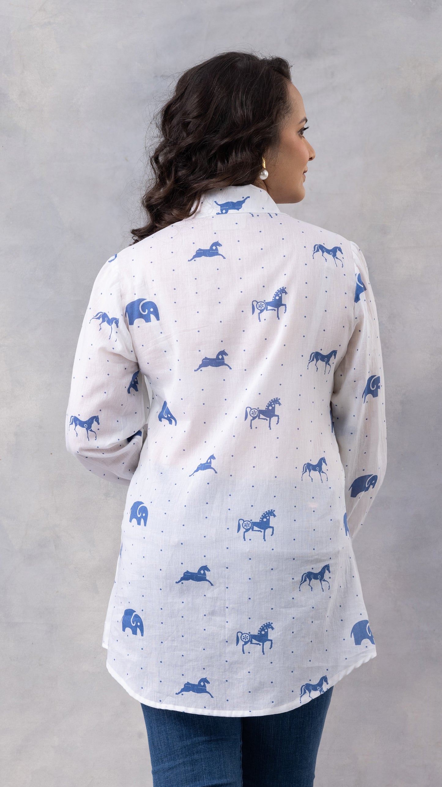 Indigo Horse Print Cotton Mul Shirt