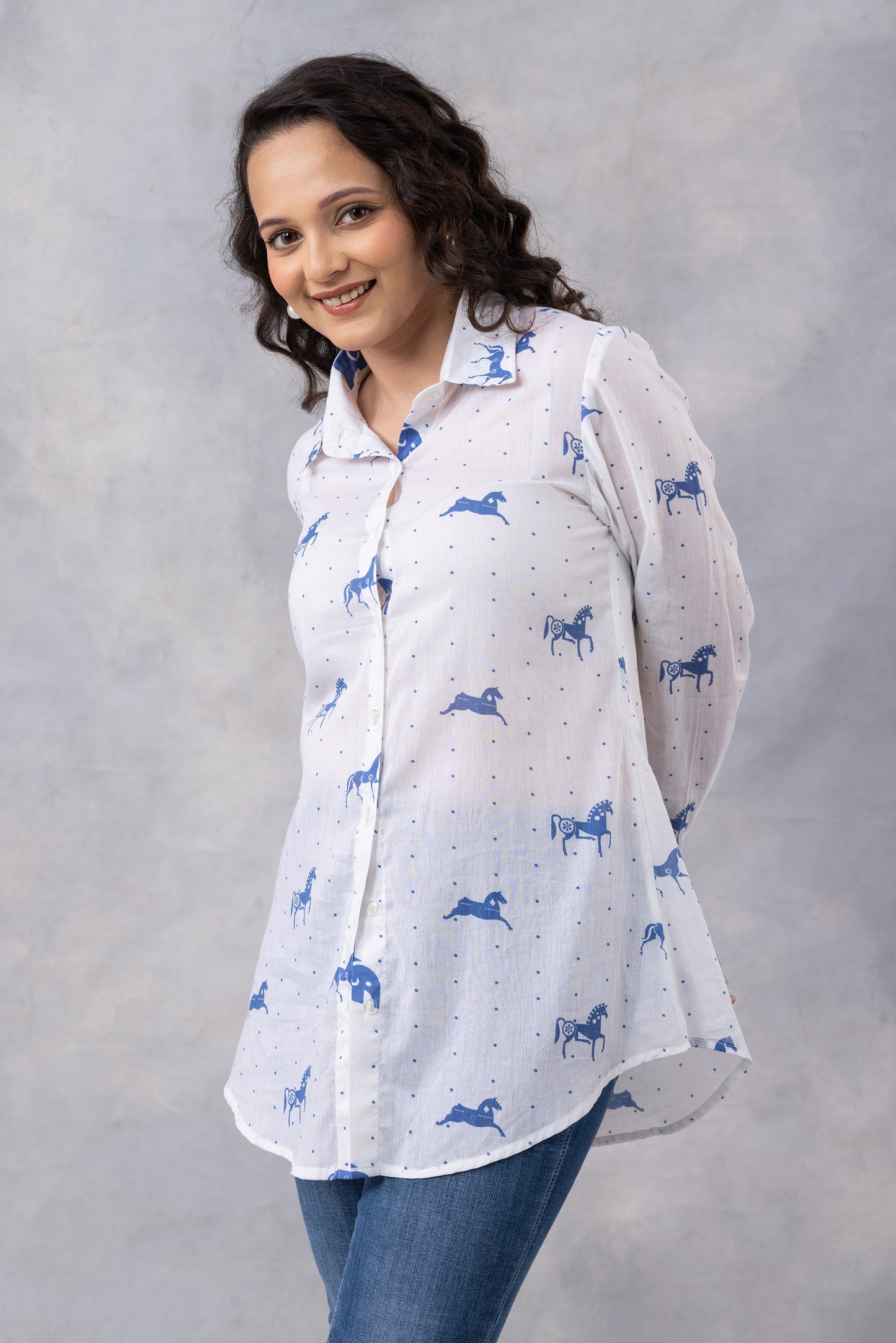 Indigo Horse Print Cotton Mul Shirt