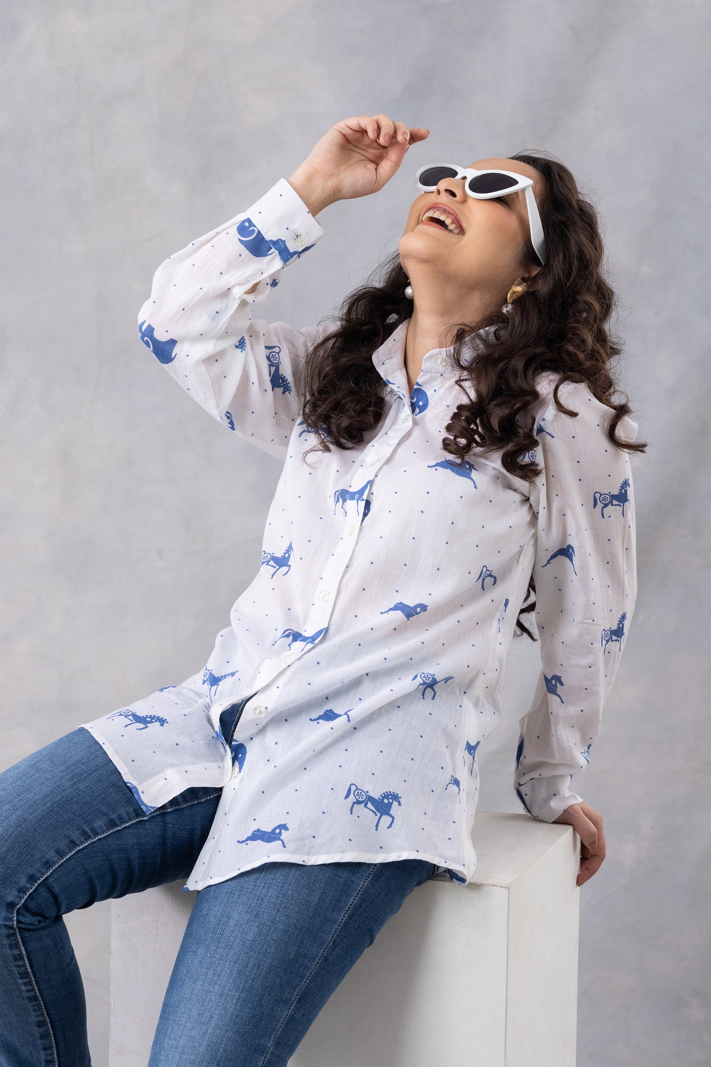 Indigo Horse Print Cotton Mul Shirt