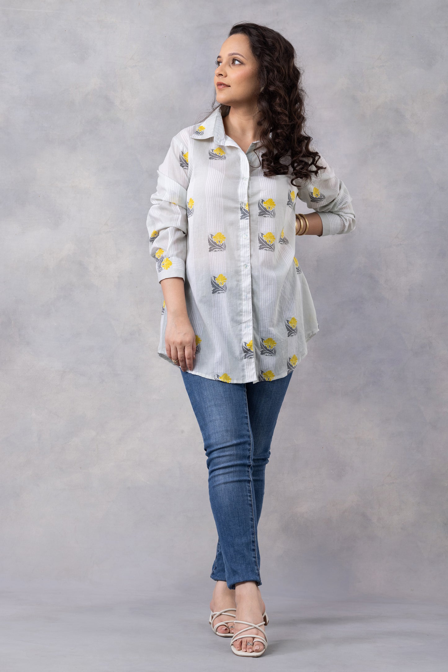 Light Grey Floral Stripe Cotton Mul Printed Shirt