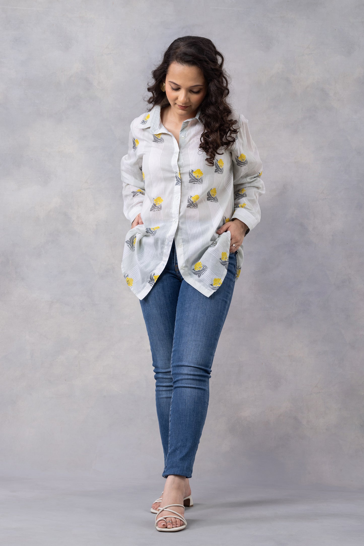 Light Grey Floral Stripe Cotton Mul Printed Shirt