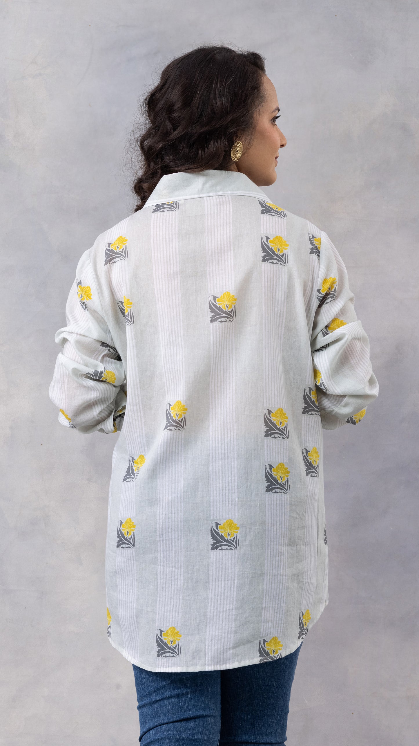 Light Grey Floral Stripe Cotton Mul Printed Shirt
