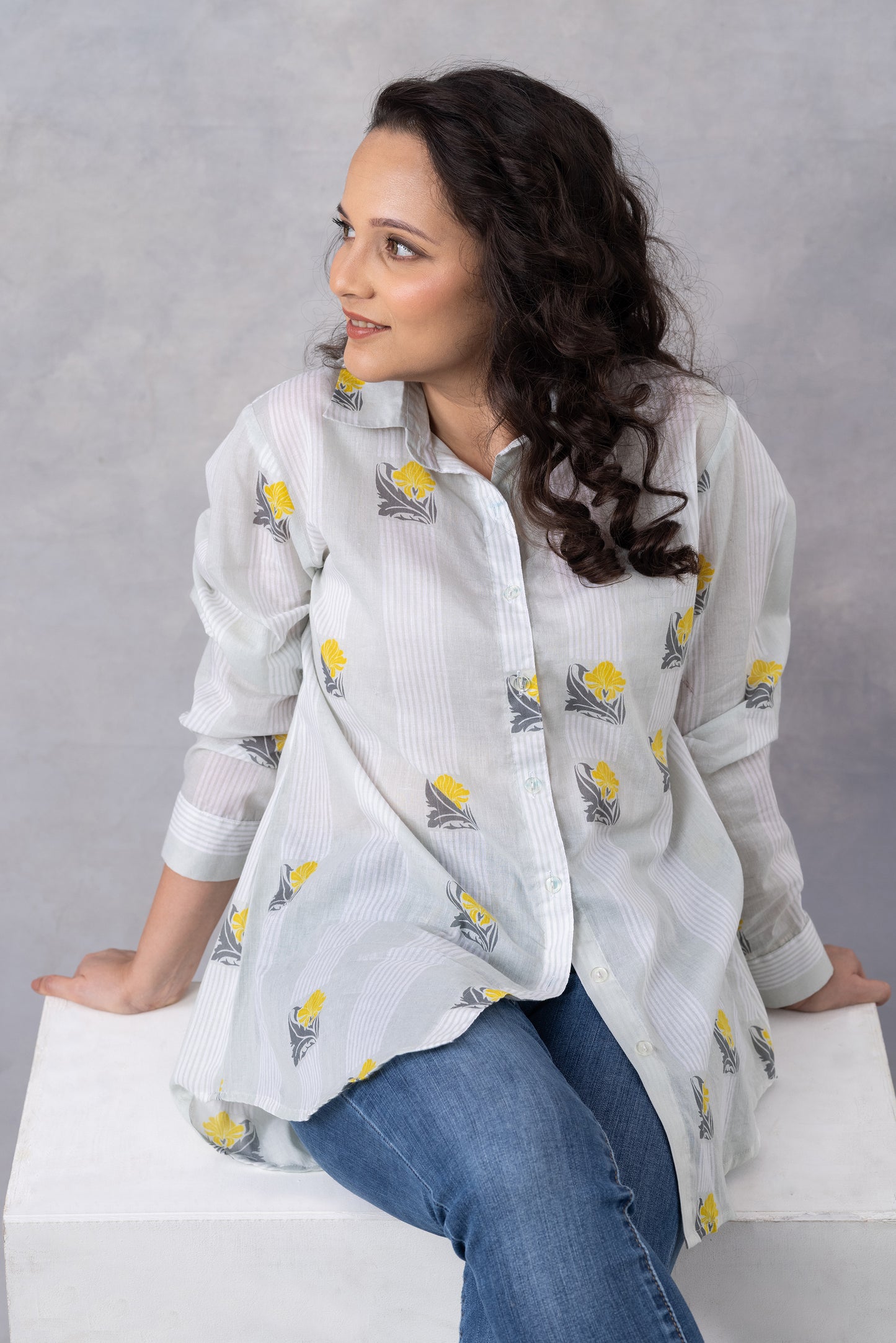 Light Grey Floral Stripe Cotton Mul Printed Shirt