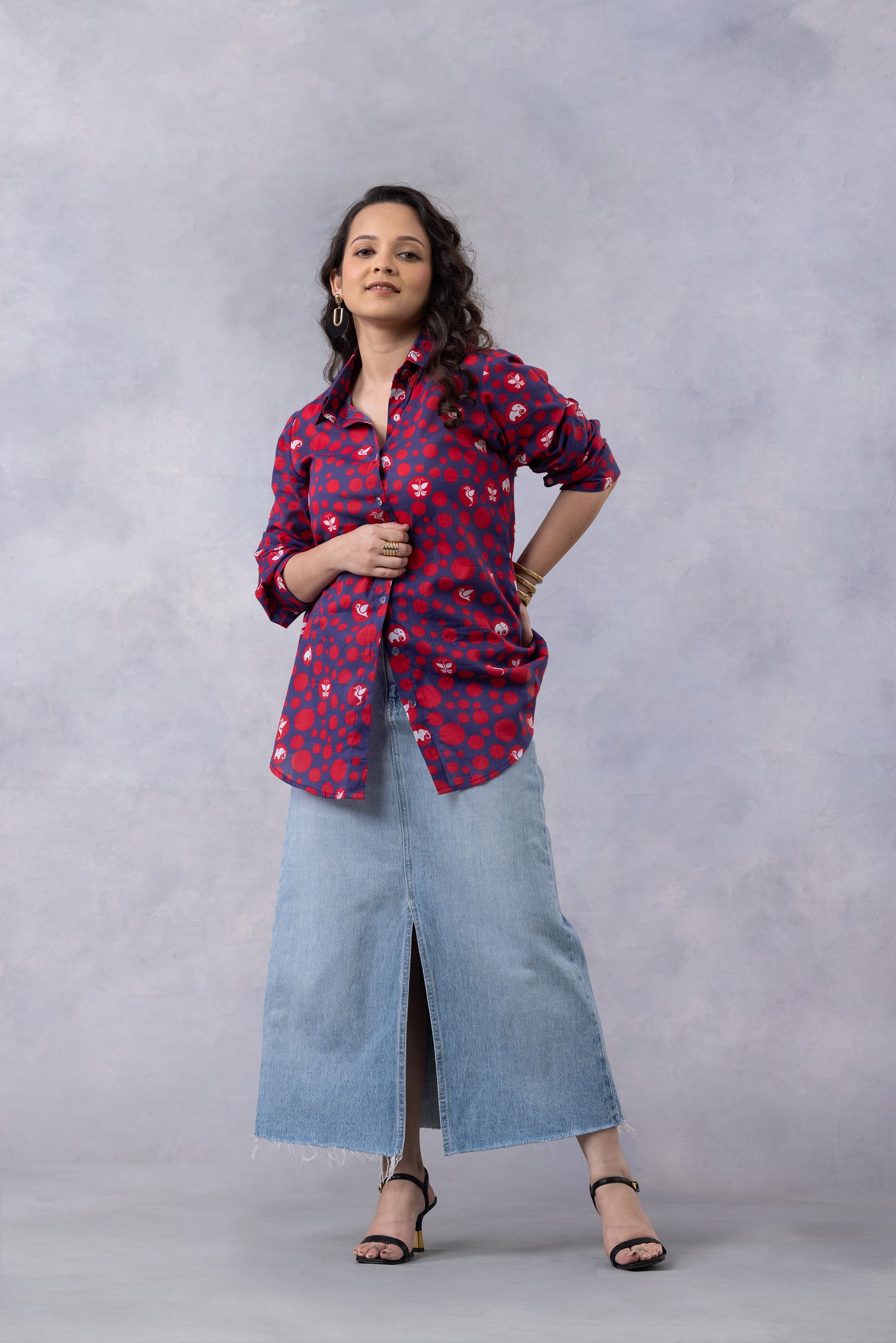 Ink Blue Dot Parade Print Cotton Mul Shirt