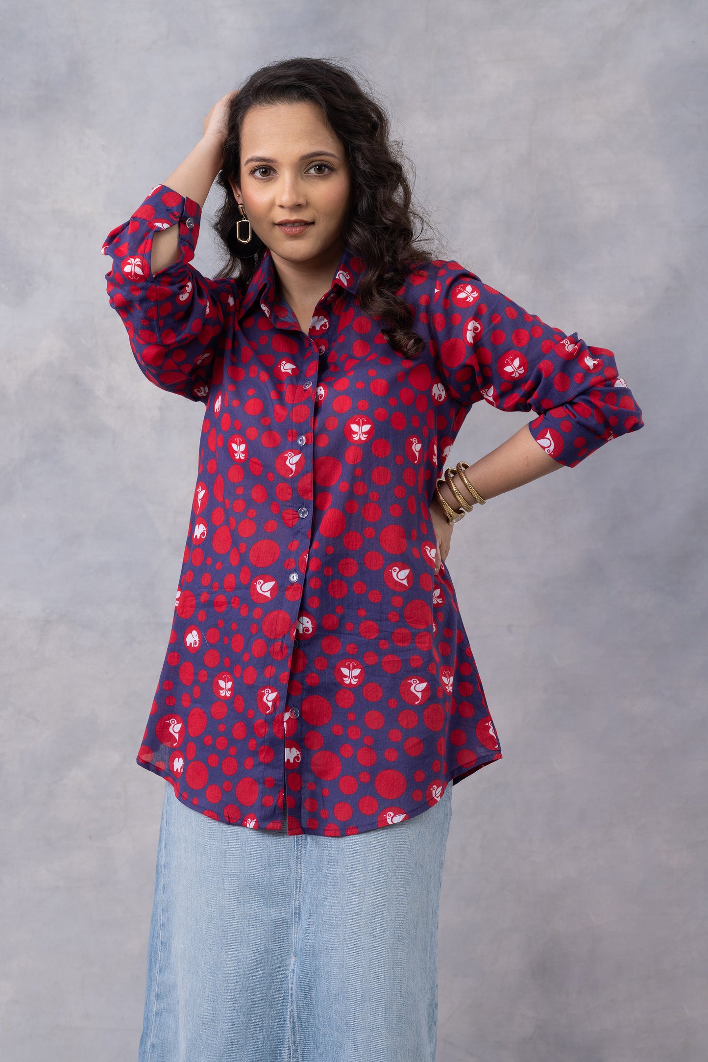 Ink Blue Dot Parade Print Cotton Mul Shirt