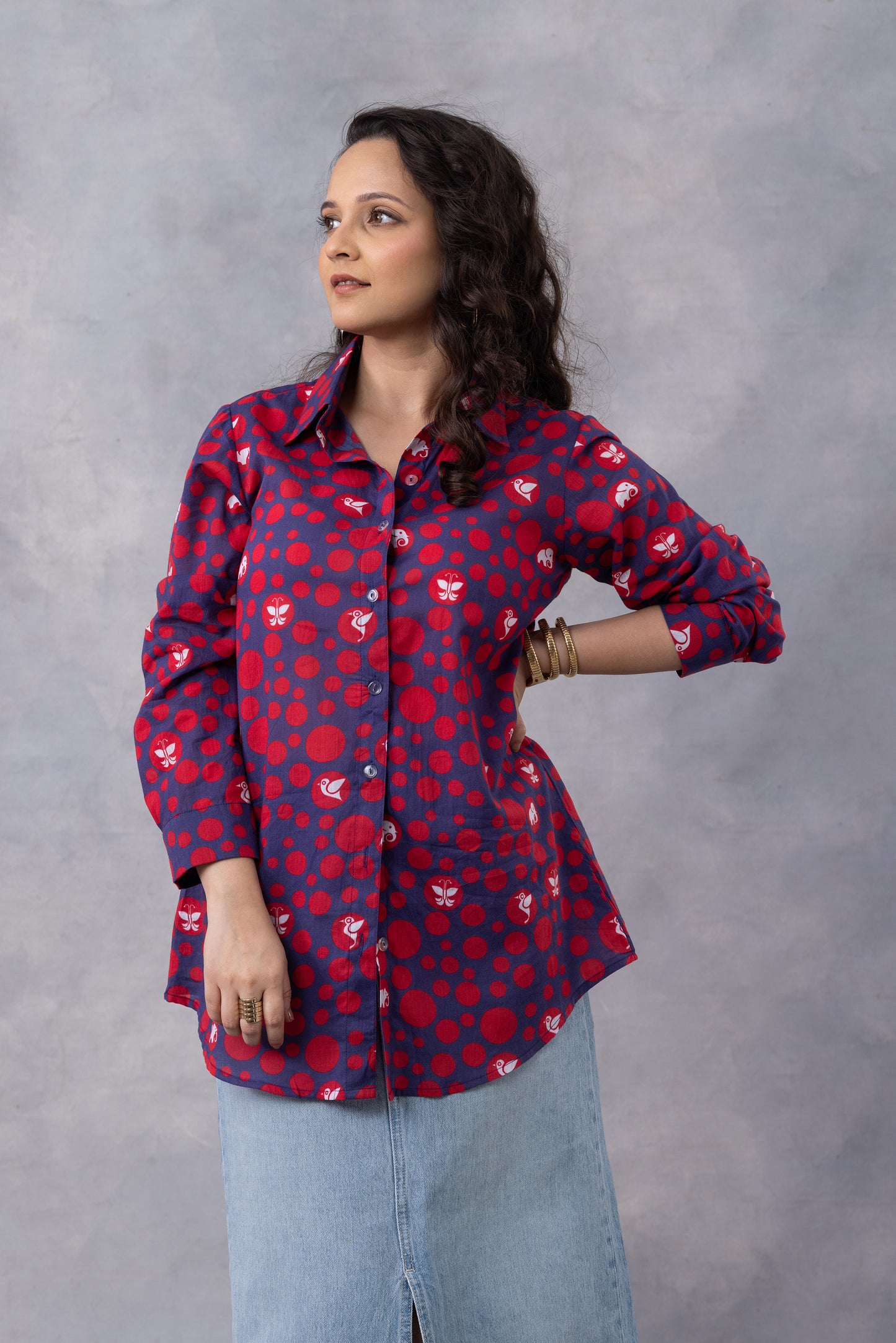 Ink Blue Dot Parade Print Cotton Mul Shirt