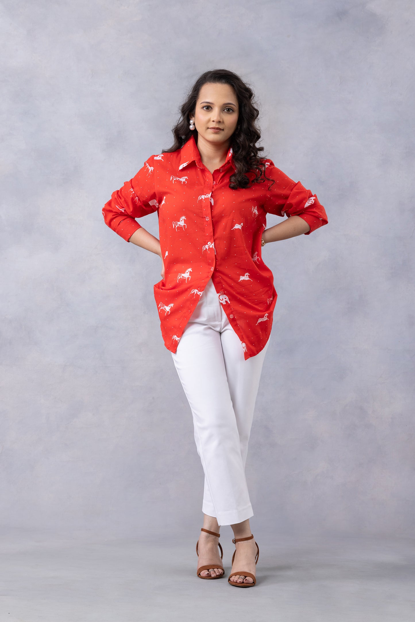 Poppy Red Horse Print Cotton Mul Shirt