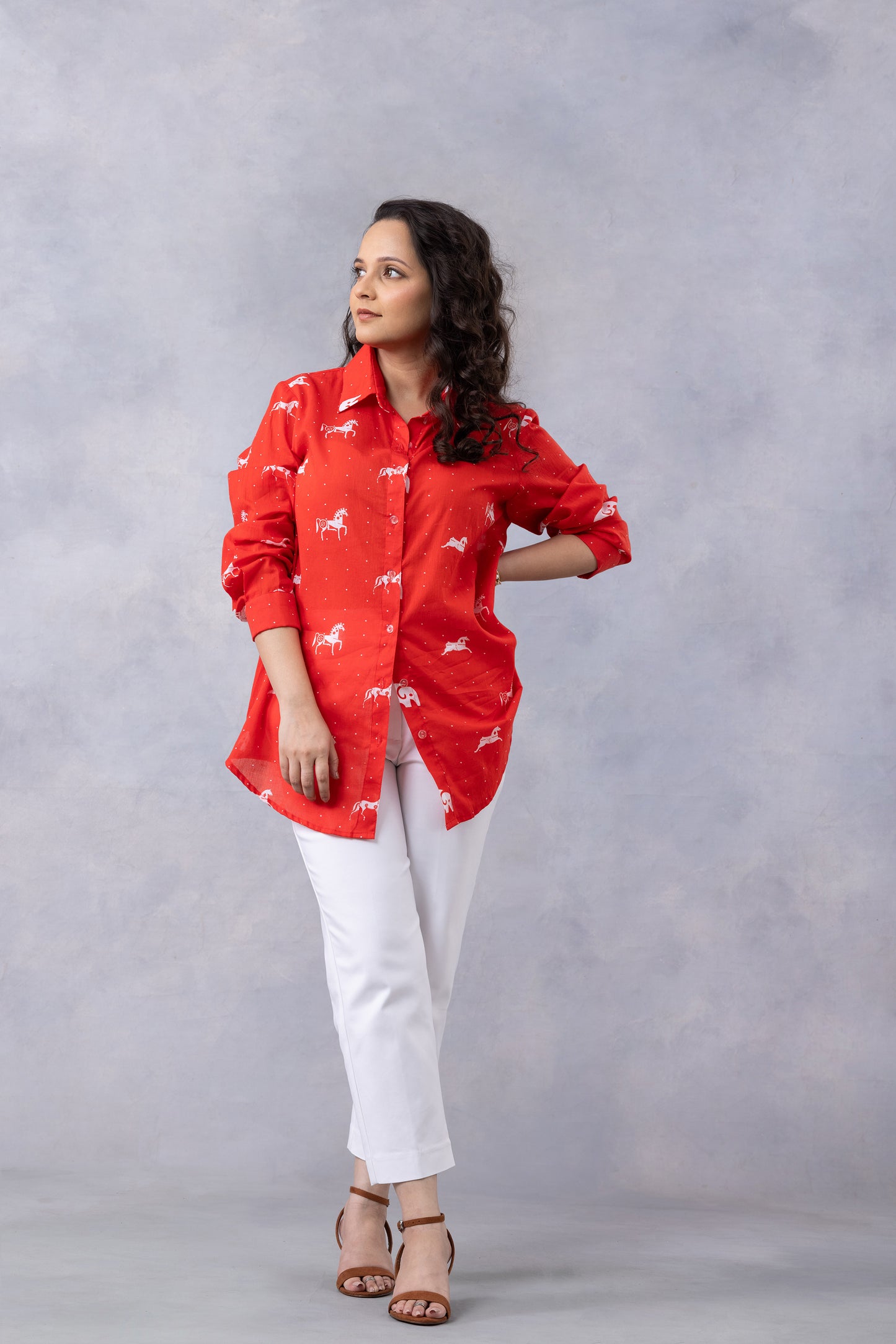 Poppy Red Horse Print Cotton Mul Shirt