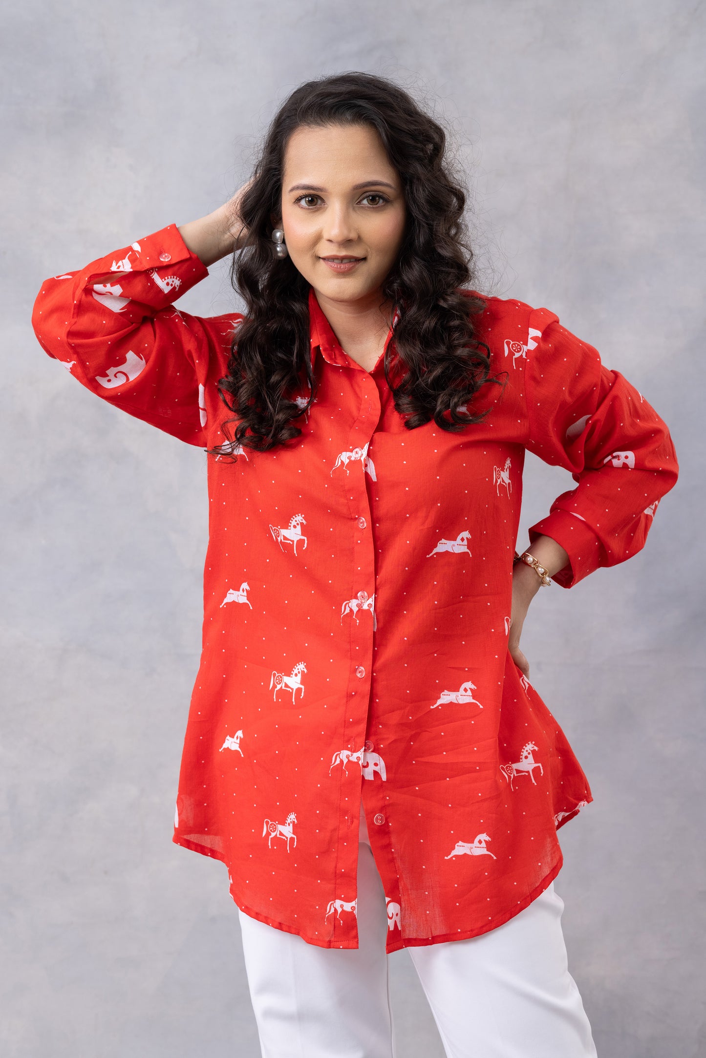 Poppy Red Horse Print Cotton Mul Shirt