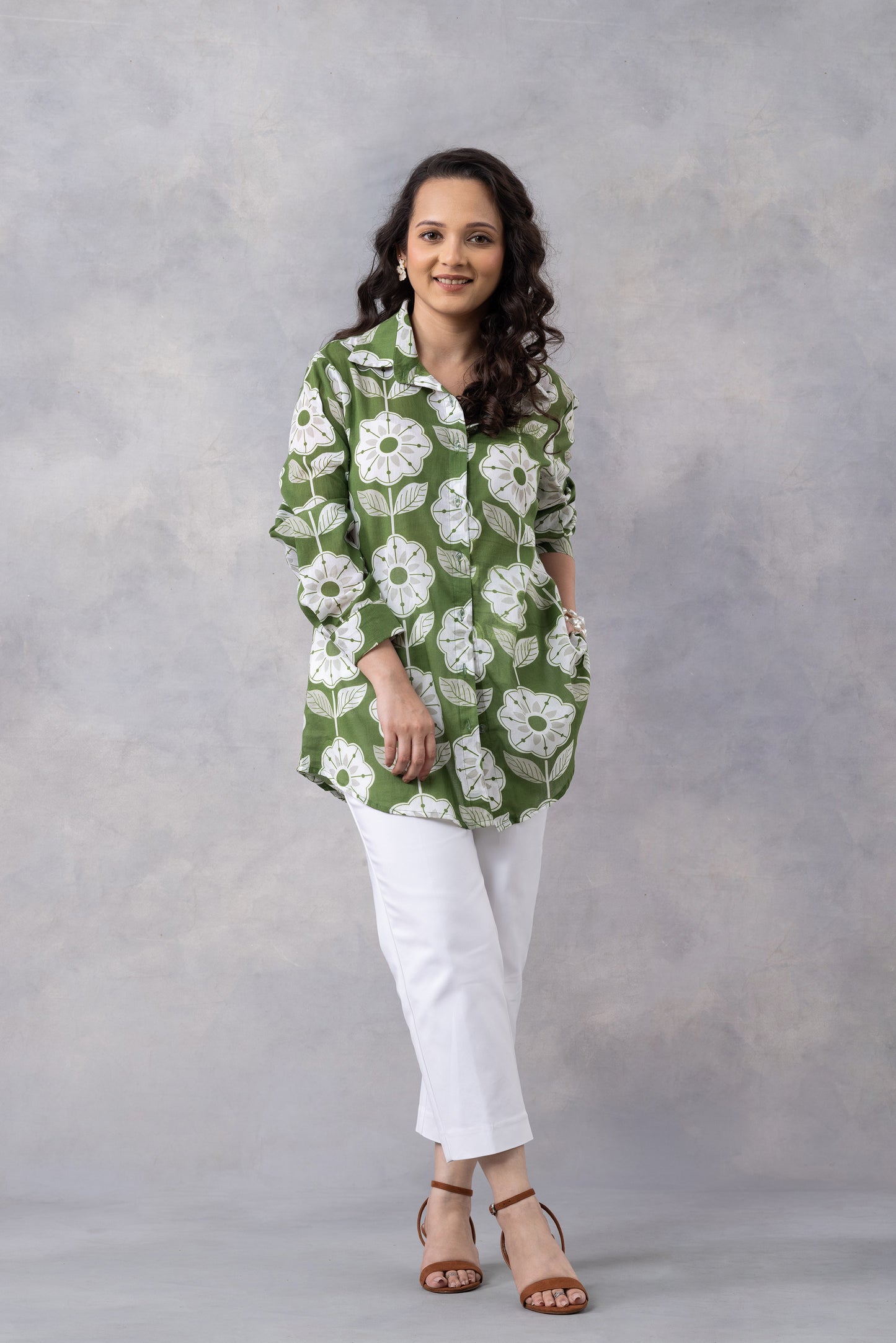 Olive Floral Print Cotton Mul Shirt