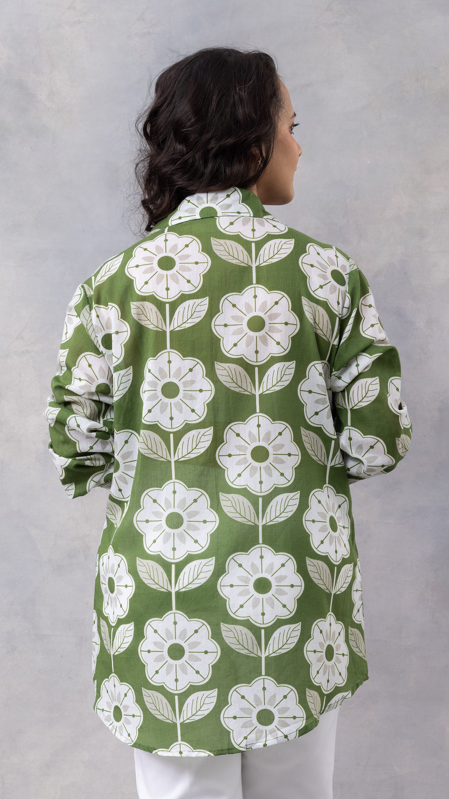 Olive Floral Print Cotton Mul Shirt