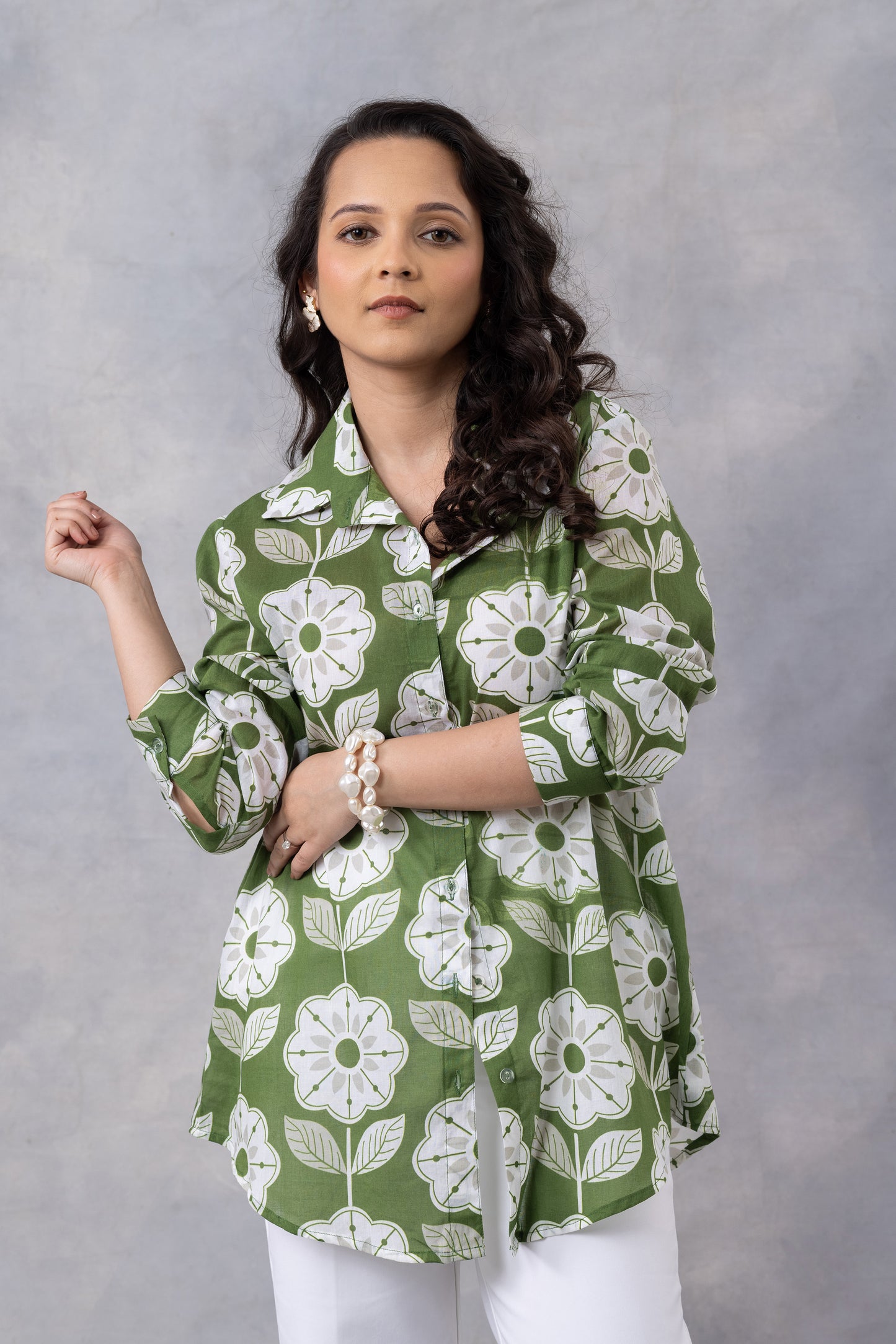 Olive Floral Print Cotton Mul Shirt