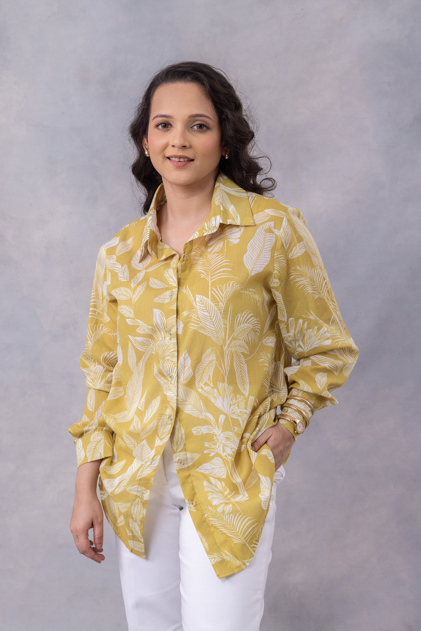 Ochre Tropical Print Cotton Mul Shirt