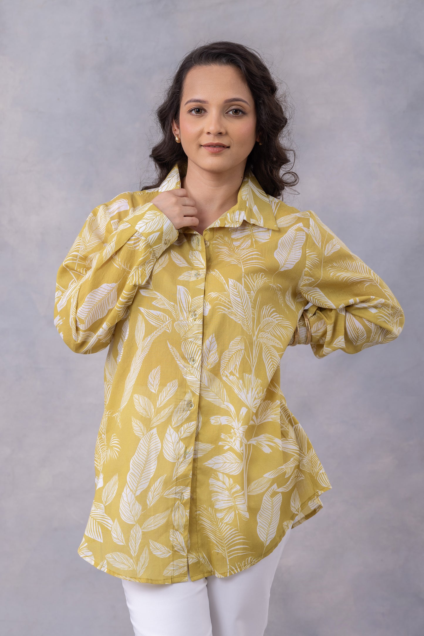 Ochre Tropical Print Cotton Mul Shirt