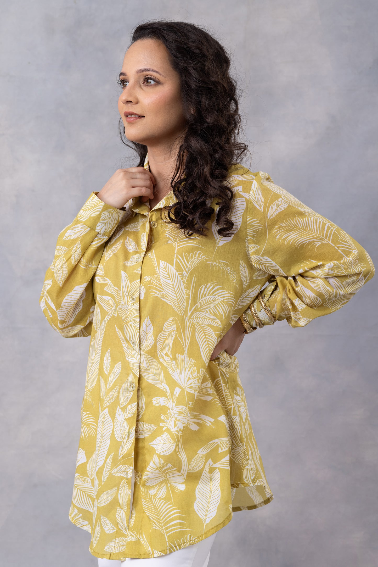 Ochre Tropical Print Cotton Mul Shirt