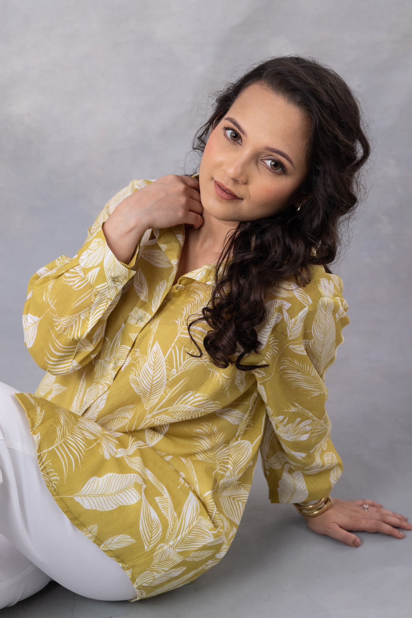 Ochre Tropical Print Cotton Mul Shirt