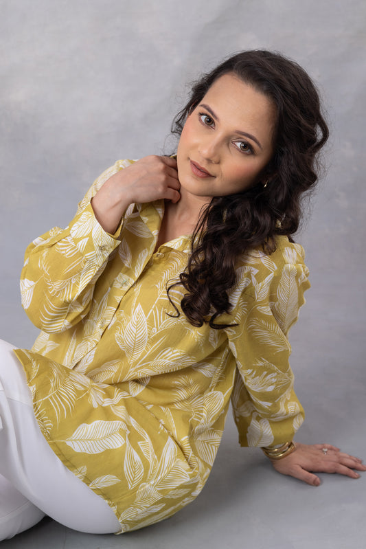 Ochre Tropical Print Cotton Mul Shirt