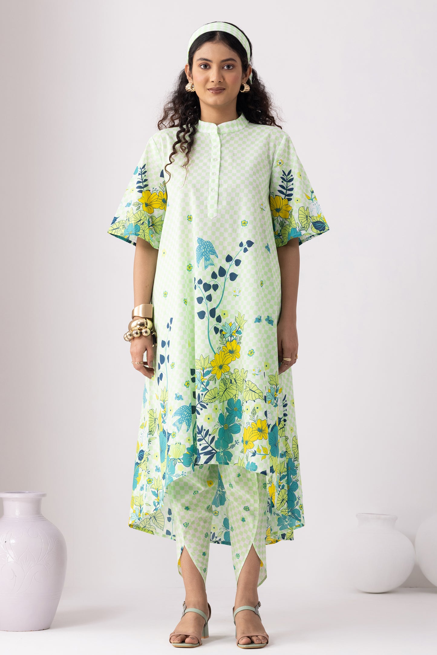 Checkered Neon Green Tunic Set