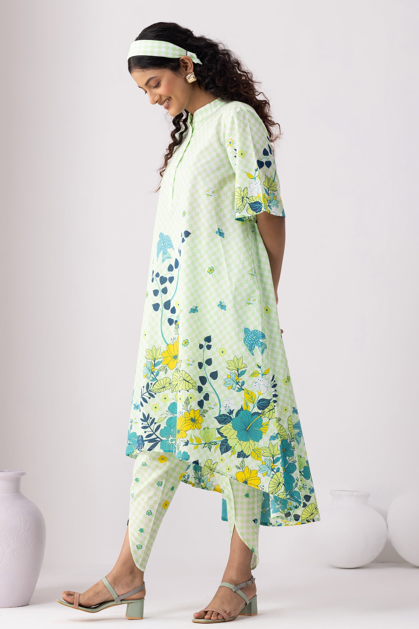 Checkered Neon Green Tunic Set