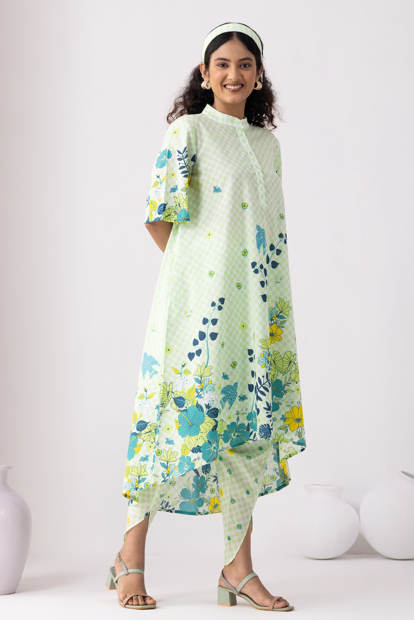 Checkered Neon Green Tunic Set