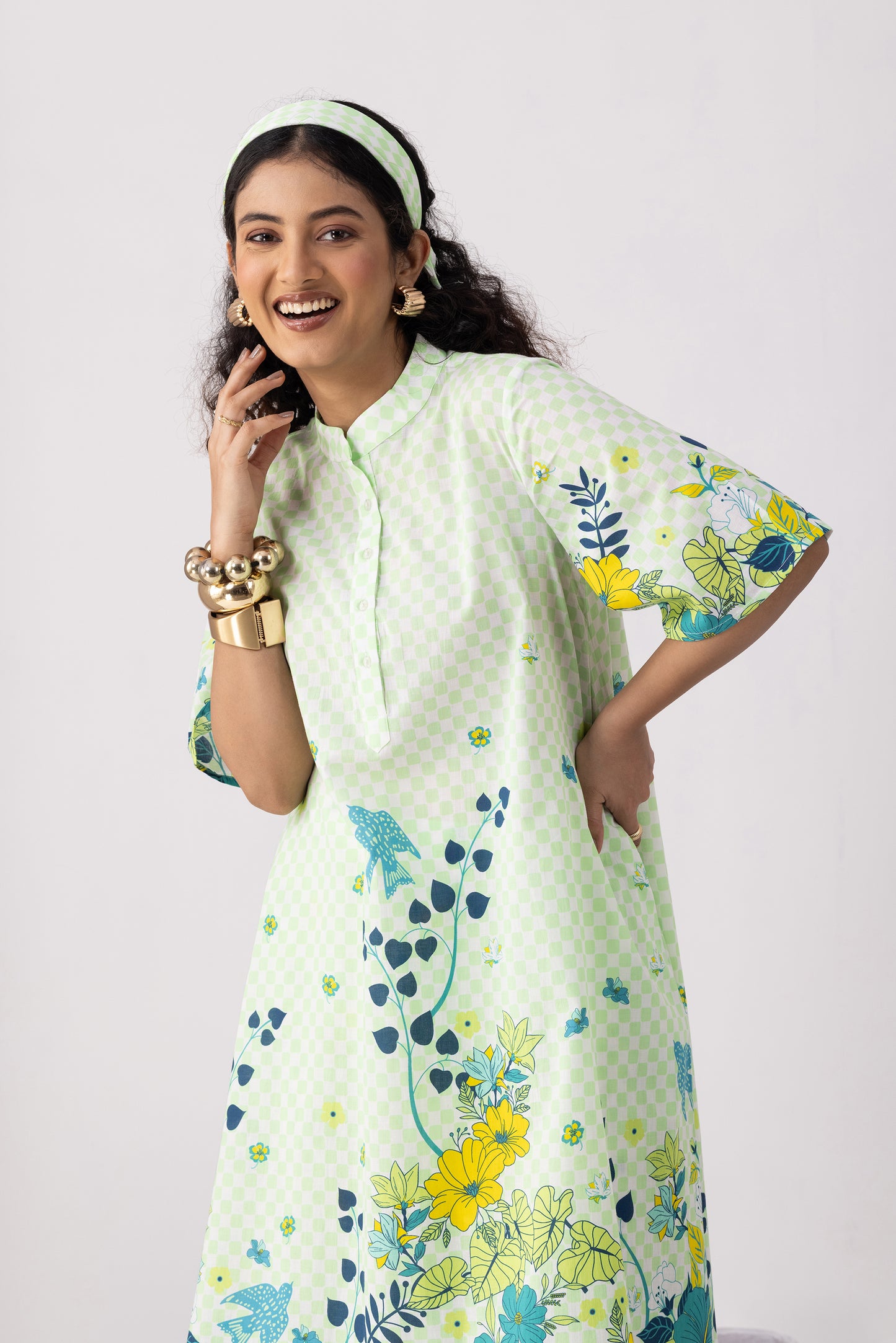 Checkered Neon Green Tunic Set