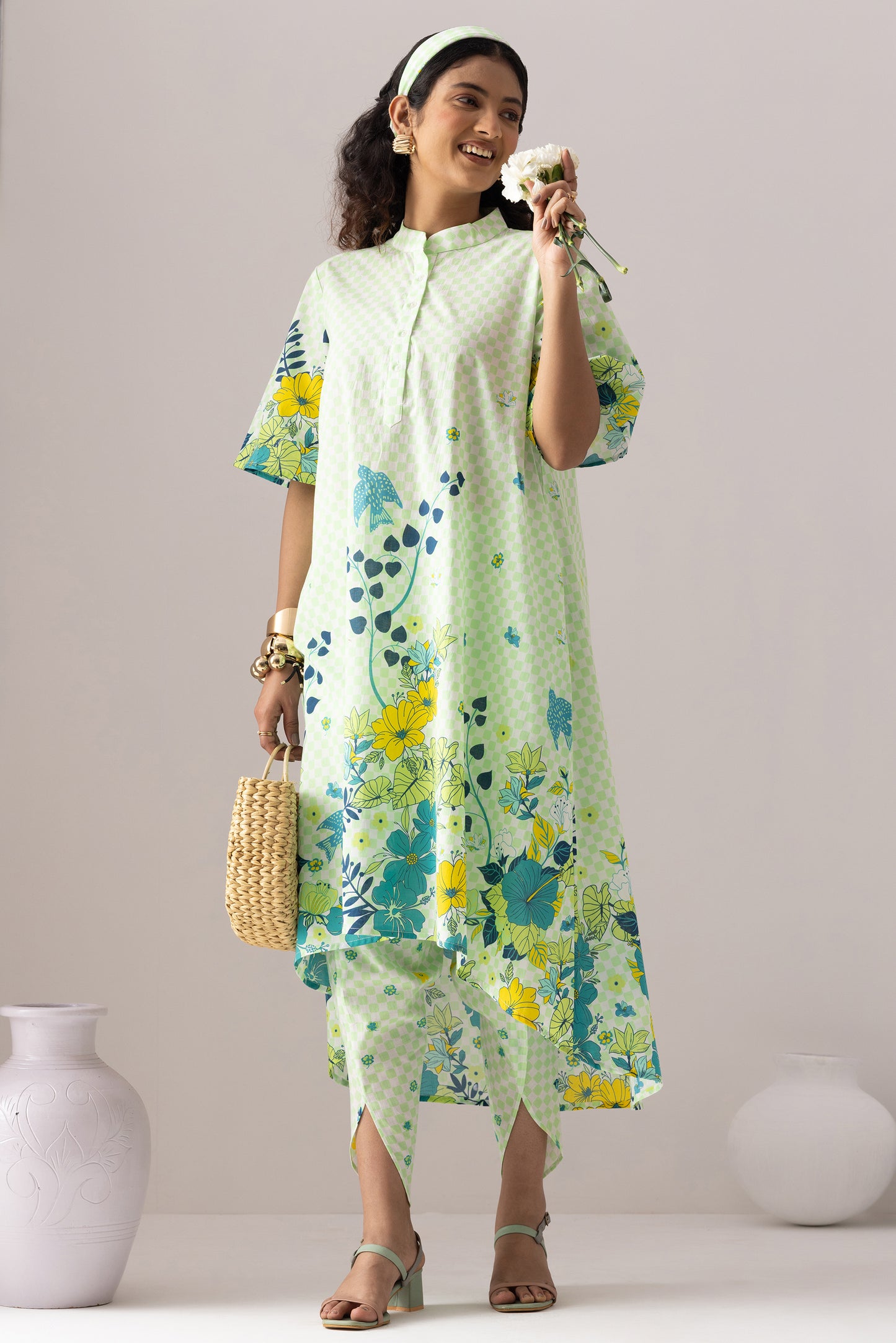 Checkered Neon Green Tunic Set