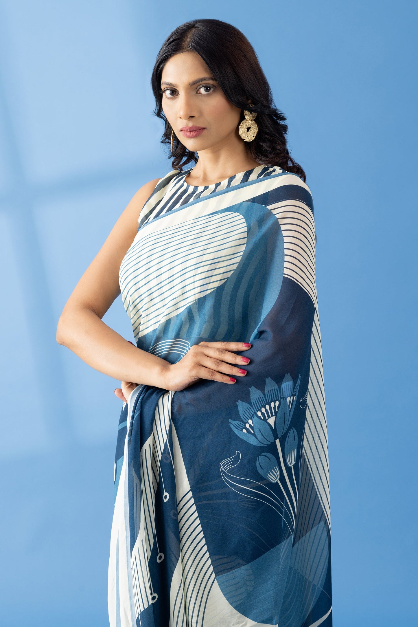 Slate Grey Abstract Printed Georgette Saree