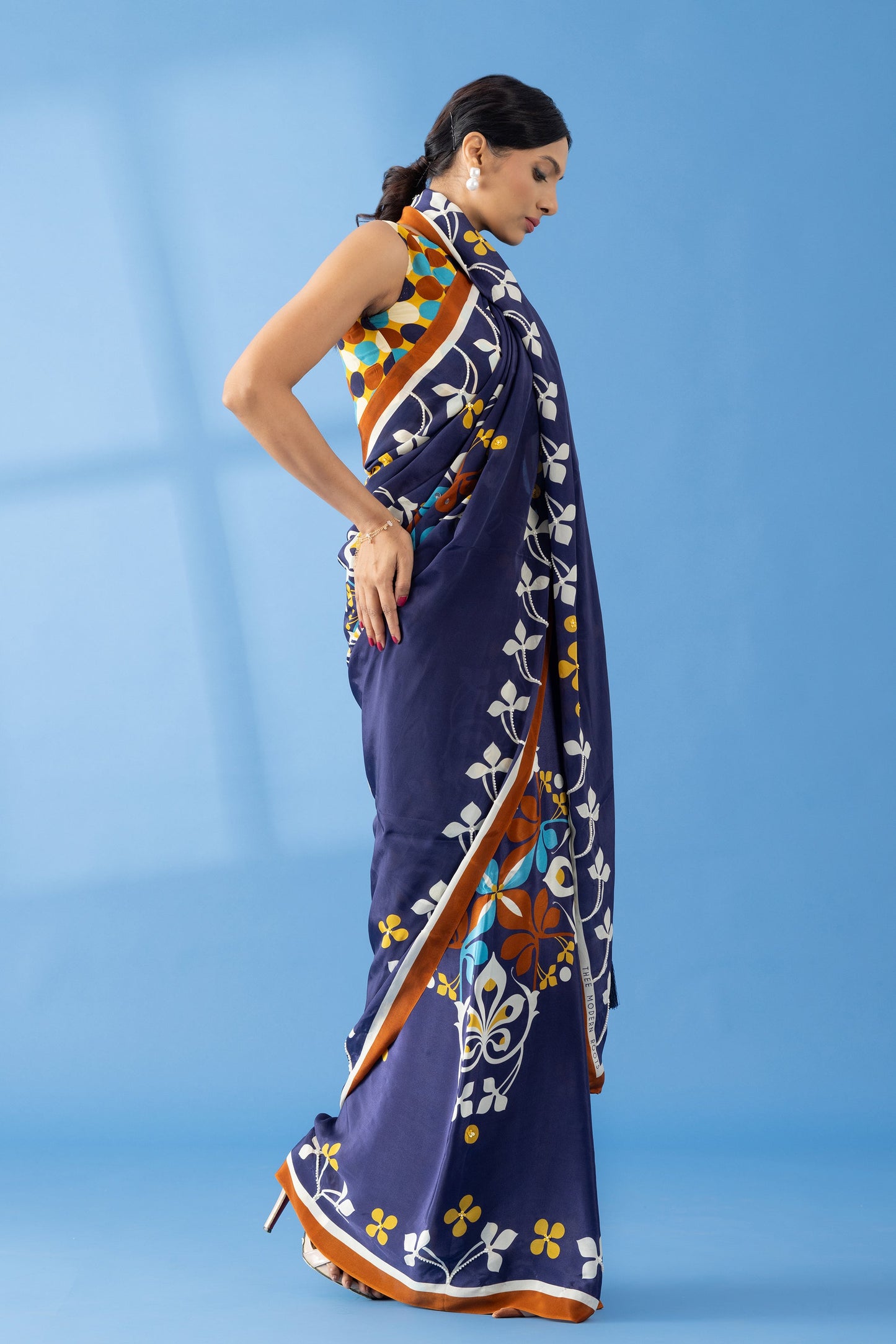 Navy Floral Printed & Embroidered Crepe Festive Saree