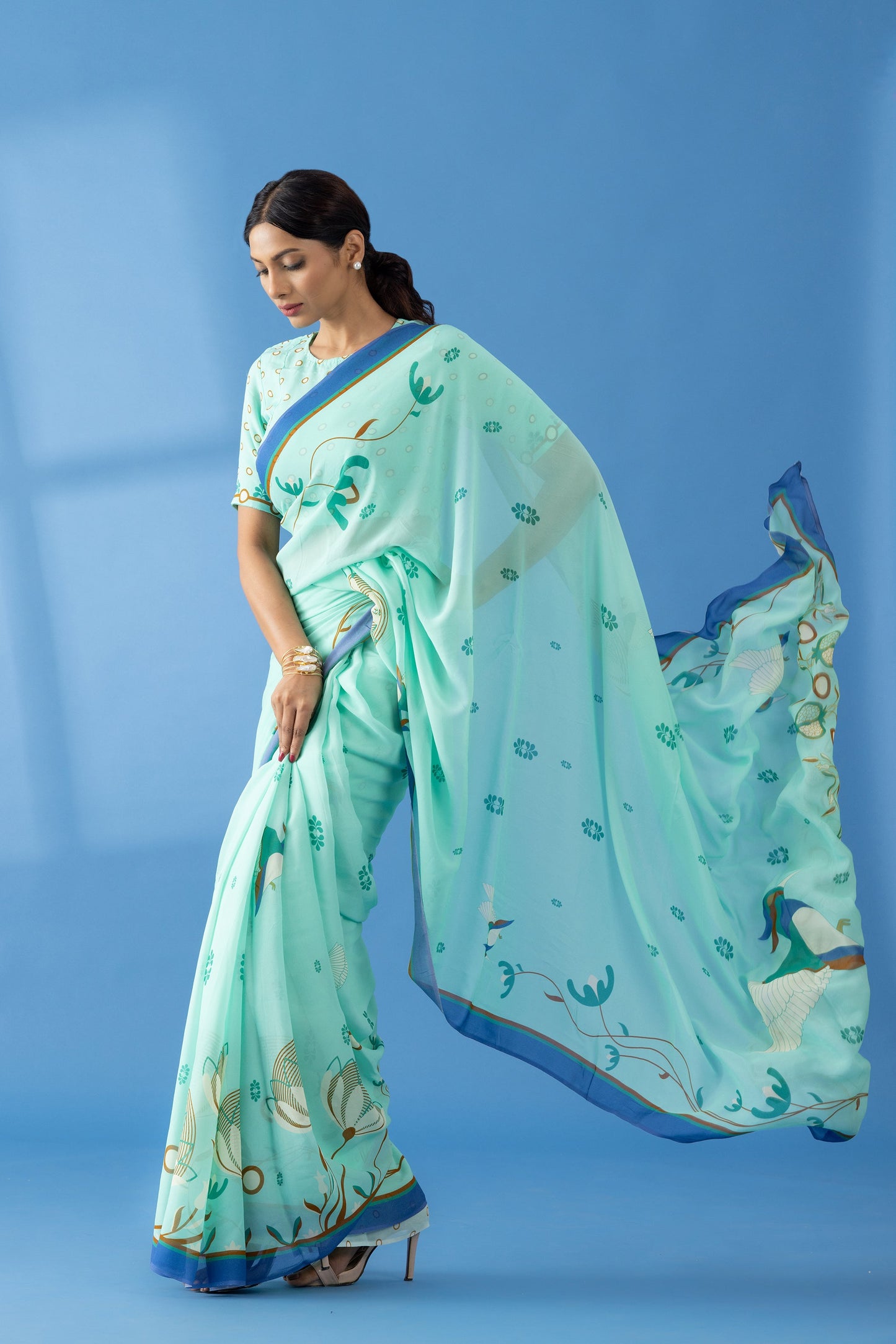 Mint Floral Printed Georgette Saree