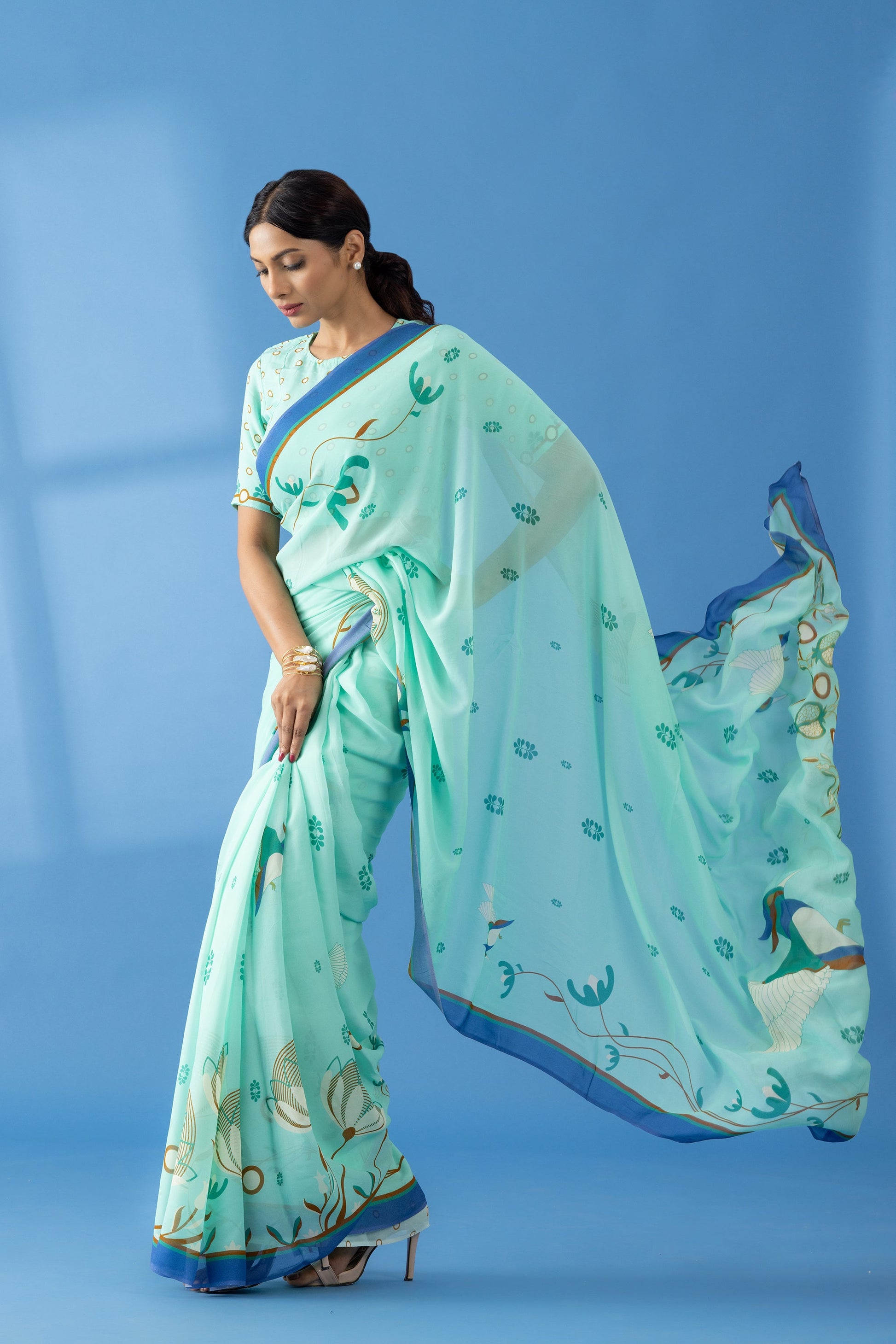 Mint Floral Printed Georgette Saree