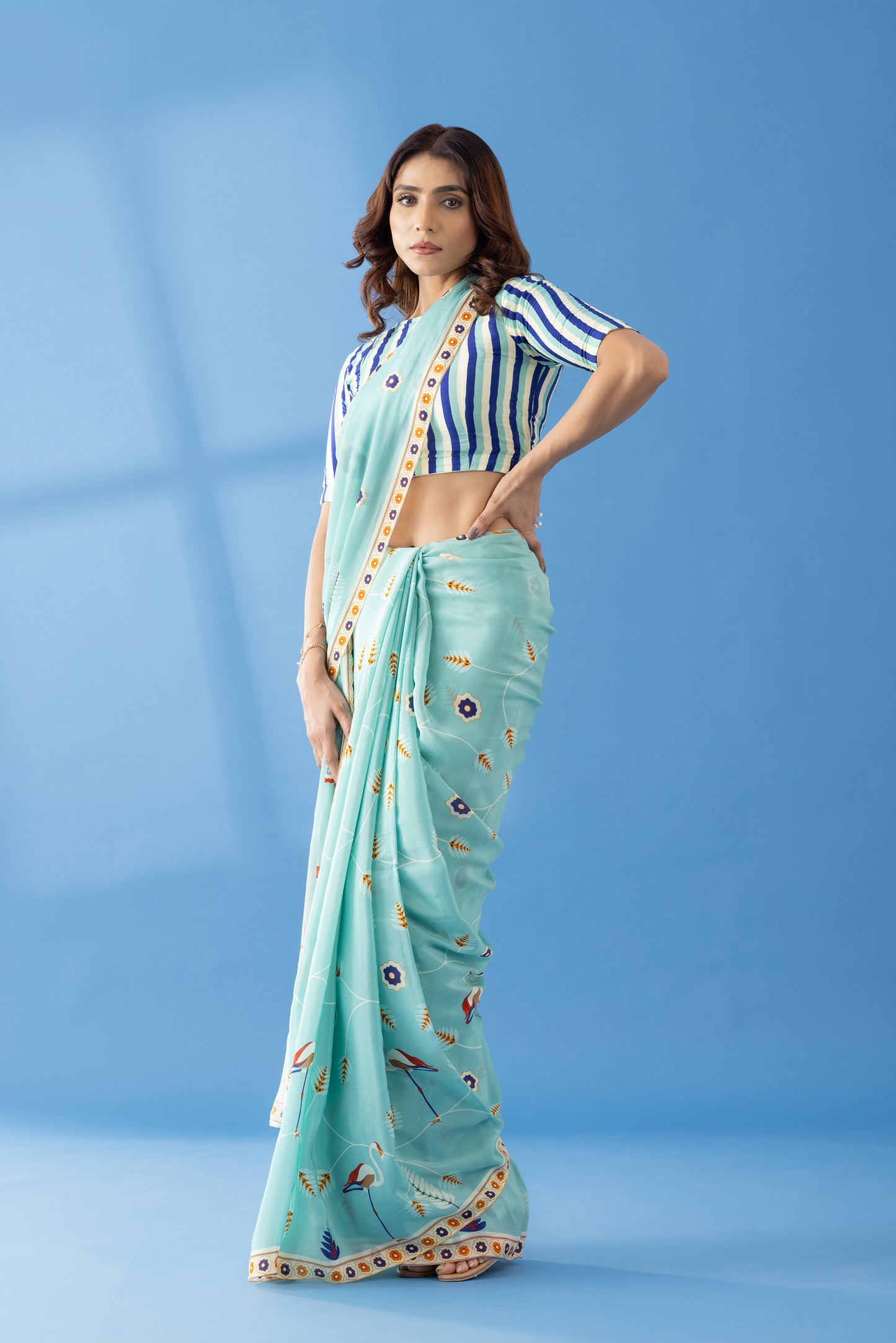 Sky Blue Classic Charm Printed Crepe Saree