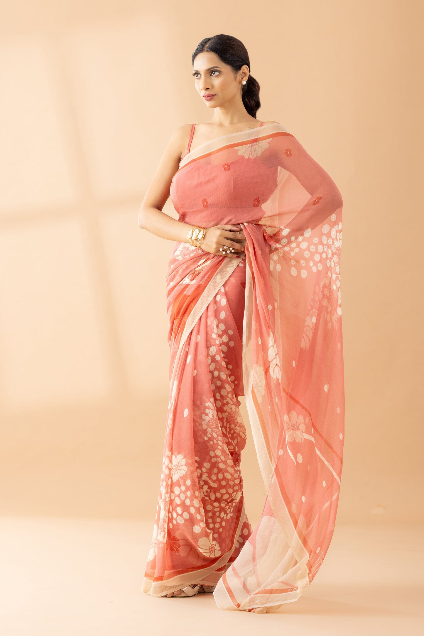 Whimsy Dreams Peach Fuzz Printed & Embroidered Chiffon Saree