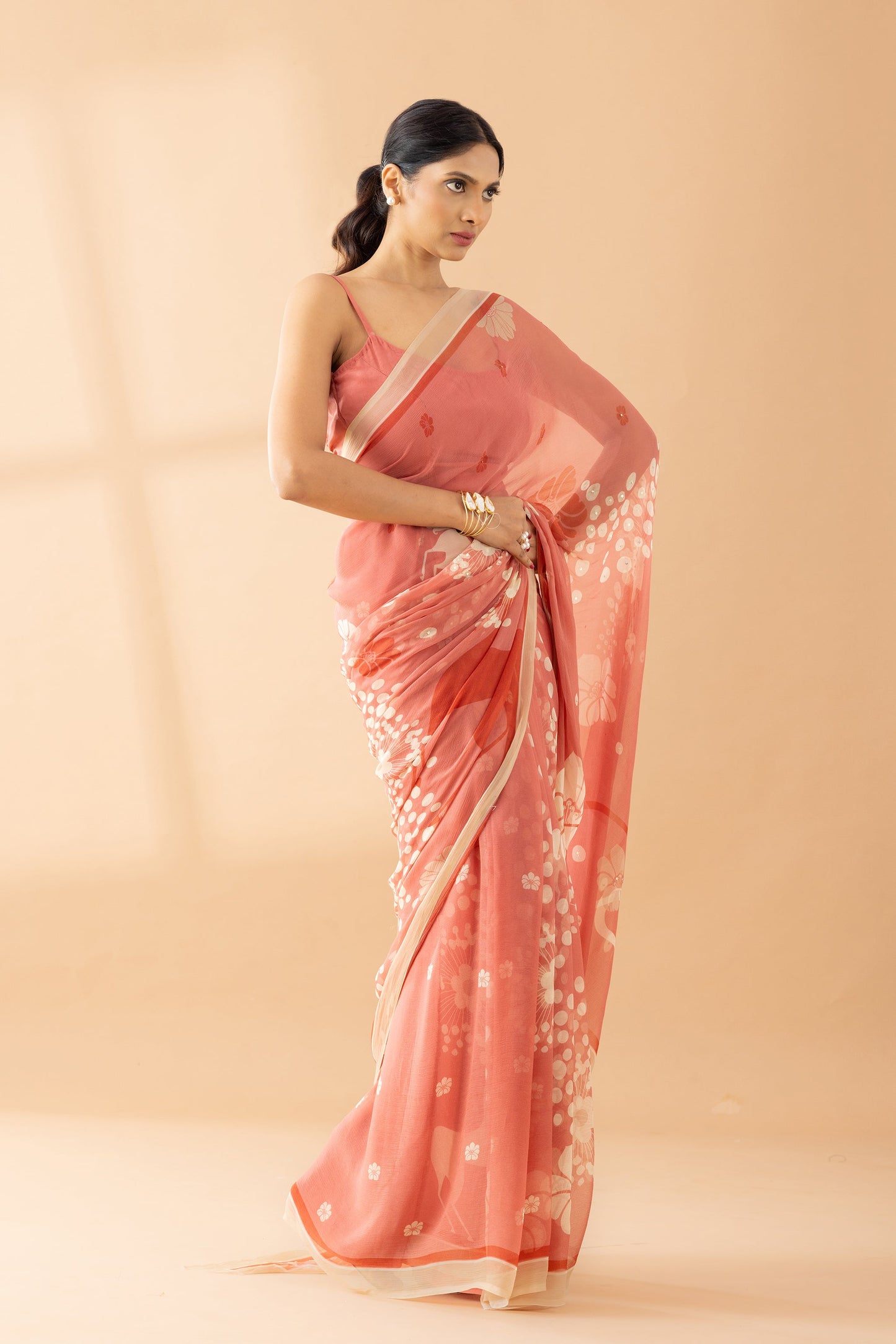 Whimsy Dreams Peach Fuzz Printed & Embroidered Chiffon Saree