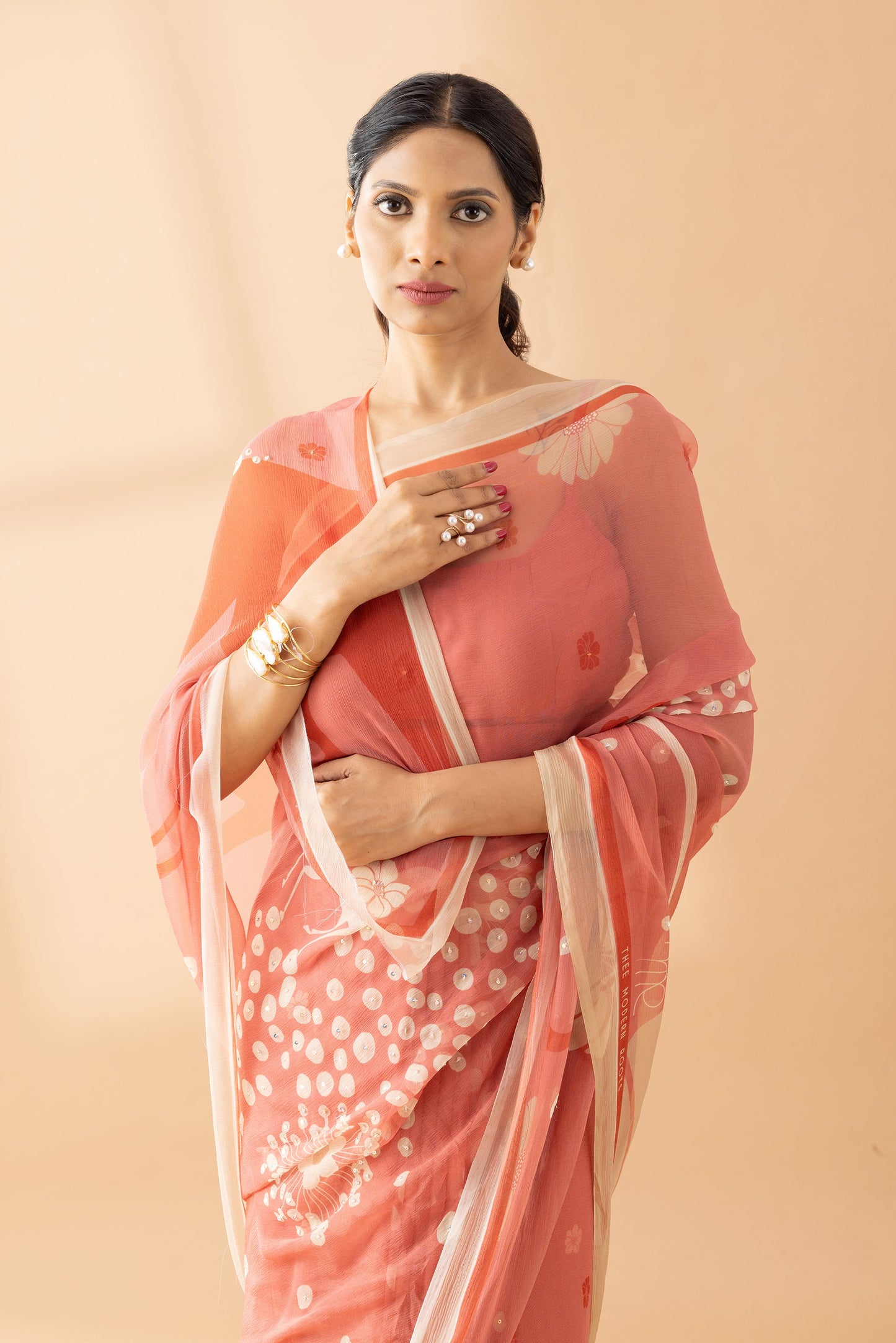 Whimsy Dreams Peach Fuzz Printed & Embroidered Chiffon Saree