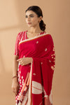 Crimson Red Floral Printed & Embroidered Crepe Party Wear Saree