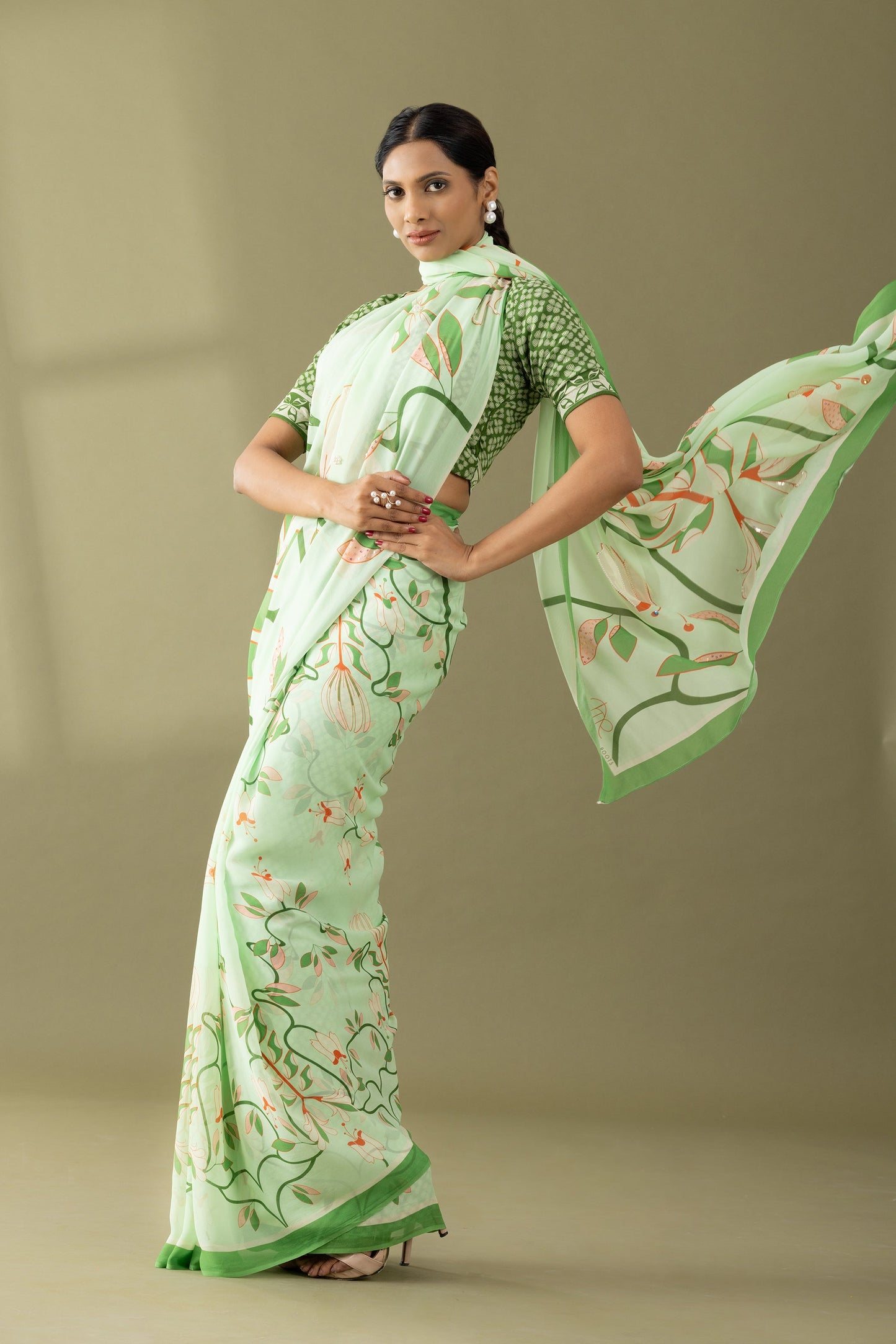 Timeless Garden Pastel Green Printed & Embroidered Georgette Saree
