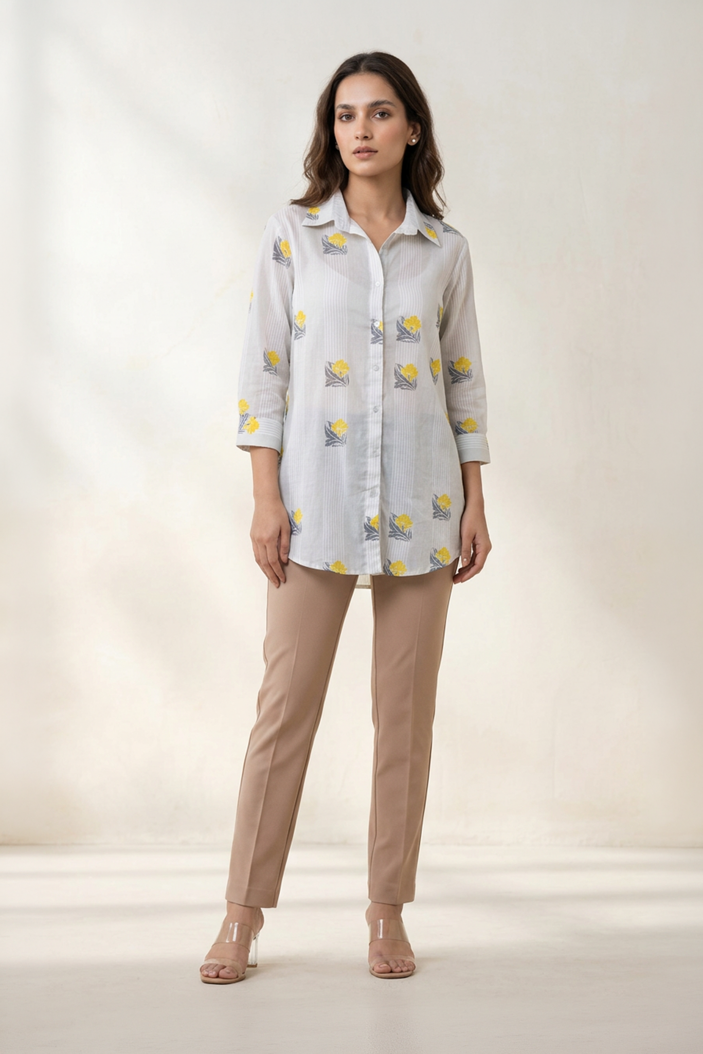 Light Grey Floral Stripe Cotton Mul Printed Shirt