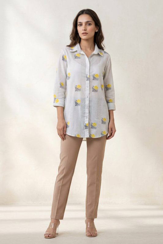 Light Grey Floral Stripe Cotton Mul Printed Shirt