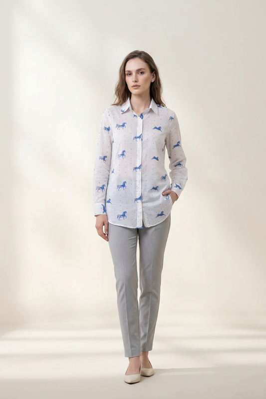 Indigo Horse Print Cotton Mul Shirt