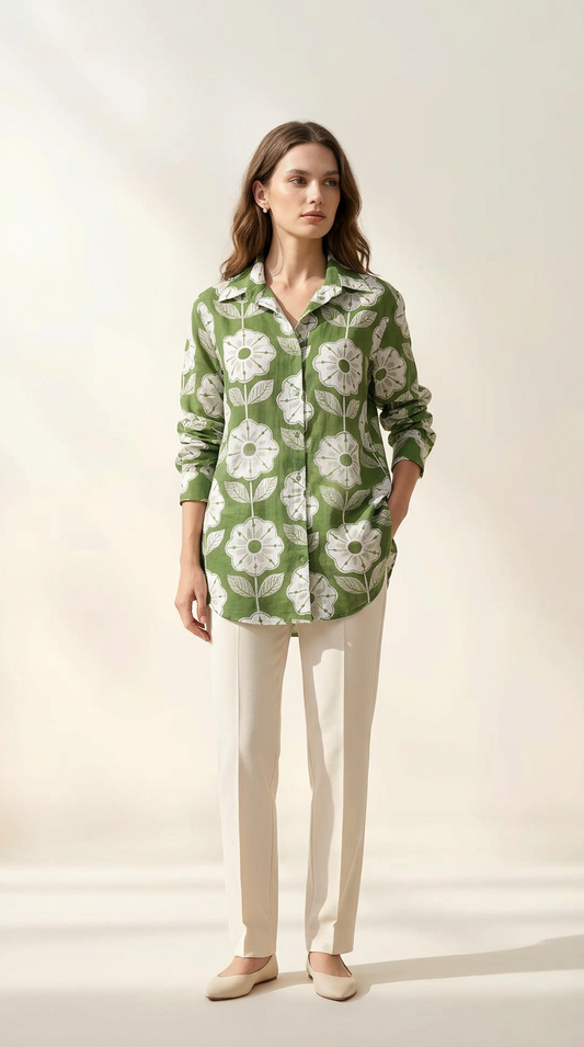 Olive Floral Print Cotton Mul Shirt