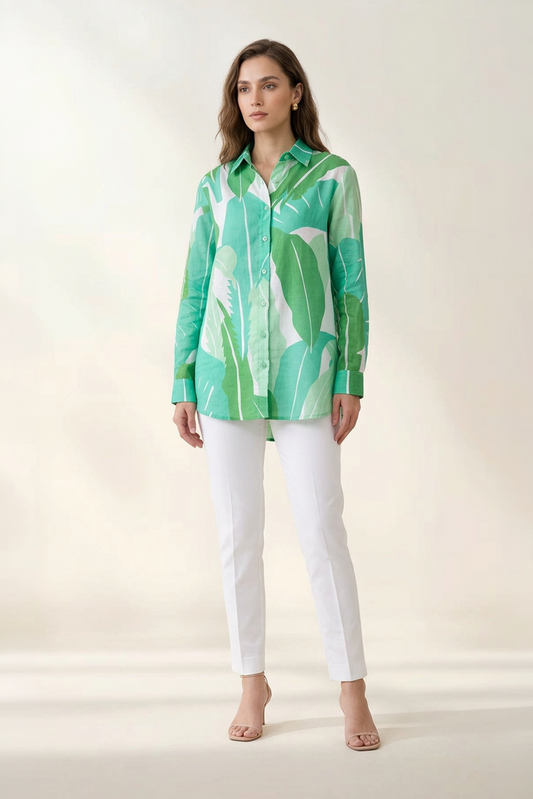 Tropical Green Cotton Mul Printed Shirt