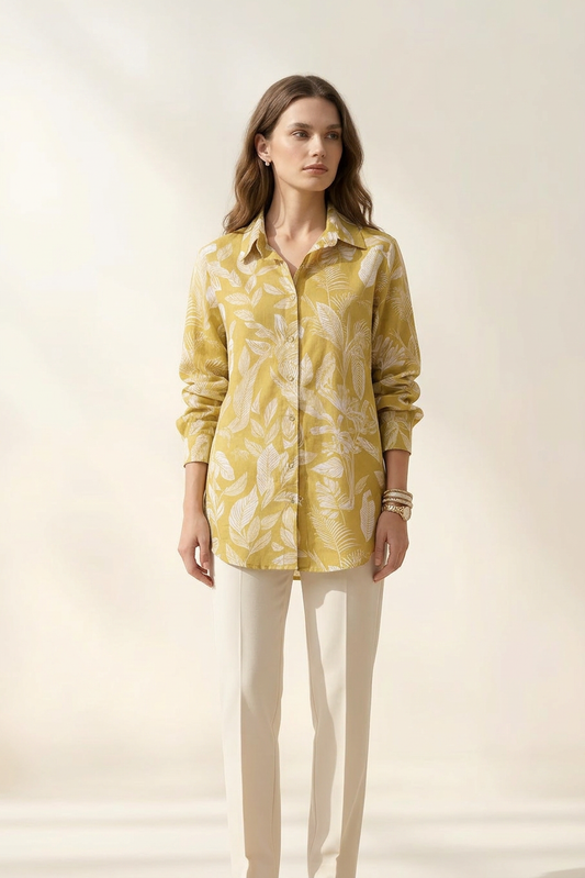 Ochre Tropical Print Cotton Mul Shirt