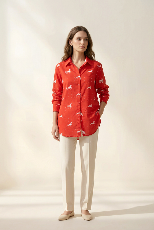 Poppy Red Horse Print Cotton Mul Shirt