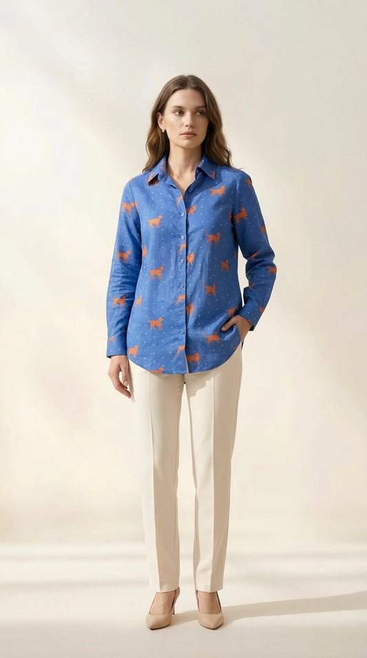 Cobalt Blue Paws & Tails Cotton Mul Printed Shirt