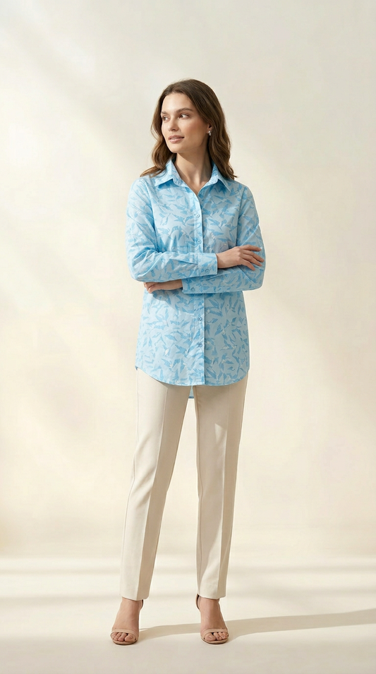 Ice Blue Floral Flight Cotton Mul Printed Shirt