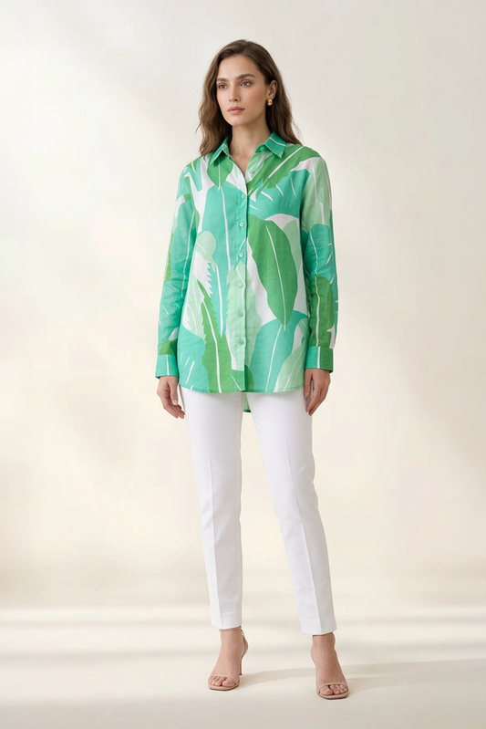 Tropical Green Cotton Mul Printed Shirt