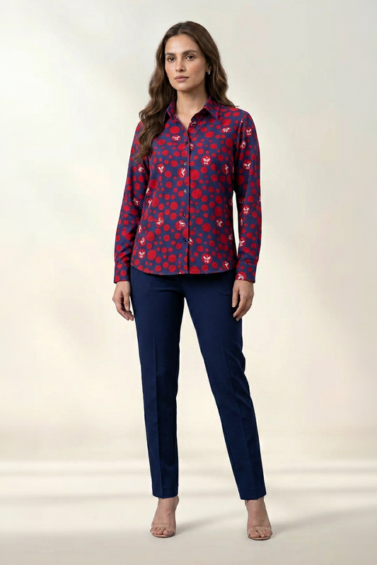 Ink Blue Dot Parade Print Cotton Mul Shirt