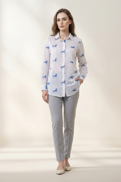 Indigo Horse Print Cotton Mul Shirt